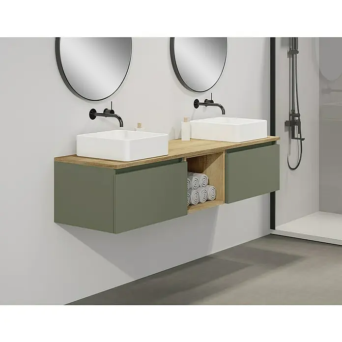 Artysan Conjunto de mueble de baño Capsule - Ancho: 160 cm, Verde musgo, 5 pzs. - Lavabo de baño moderno con armarios verdes, encimera de madera y espejos redondos para un espacio de baño elegante y contemporáneo.