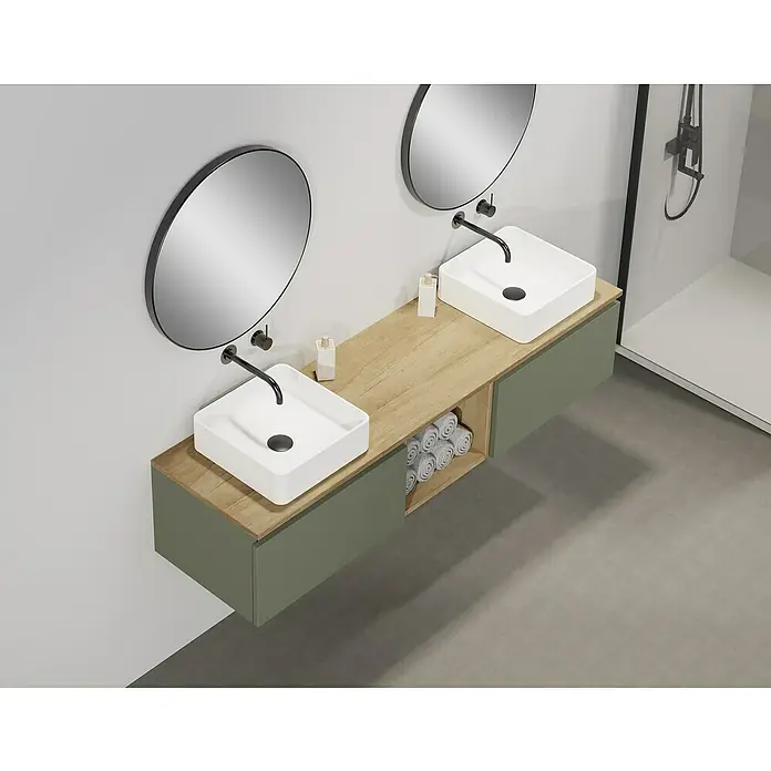 Artysan Conjunto de mueble de baño Capsule - Ancho: 160 cm, Verde musgo, 5 pzs. - Un baño moderno con lavabo doble, espejos redondos y accesorios elegantes. Diseño elegante para un ambiente lujoso.