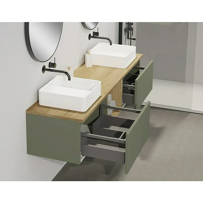 Artysan Conjunto de mueble de baño Capsule - Ancho: 160 cm, Verde musgo, 5 pzs. - Mueble de baño moderno con dos lavabos cuadrados sobre encimera, grifería negra y sistema de cajones abiertos.