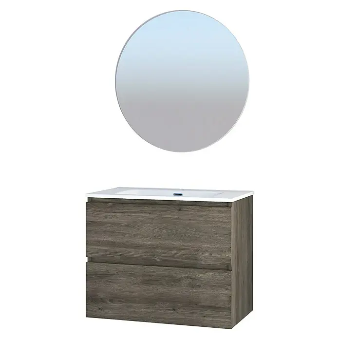 Artysan Conjunto de mueble de baño Kira - Ancho: 80 cm, Sepia, 3 pzs. - Un moderno conjunto de baño con mueble de lavabo y espejo redondo, perfecto para baños elegantes.