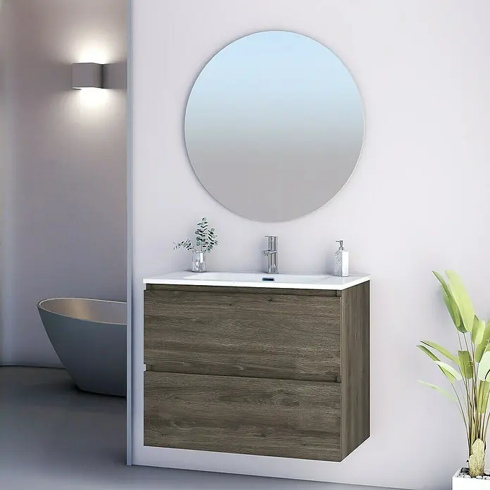 Artysan Conjunto de mueble de baño Kira - Ancho: 80 cm, Sepia, 3 pzs. - Elegante mueble de baño con dos cajones de madera y espejo redondo. El diseño moderno añade un toque de estilo a cualquier baño.