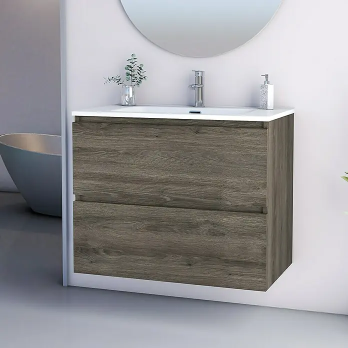 Artysan Conjunto de mueble de baño Kira - Ancho: 80 cm, Sepia, 3 pzs. - Baño moderno con mueble de lavabo de aspecto madera y lavabo sobre encimera. Mobiliario de baño contemporáneo para una decoración elegante.