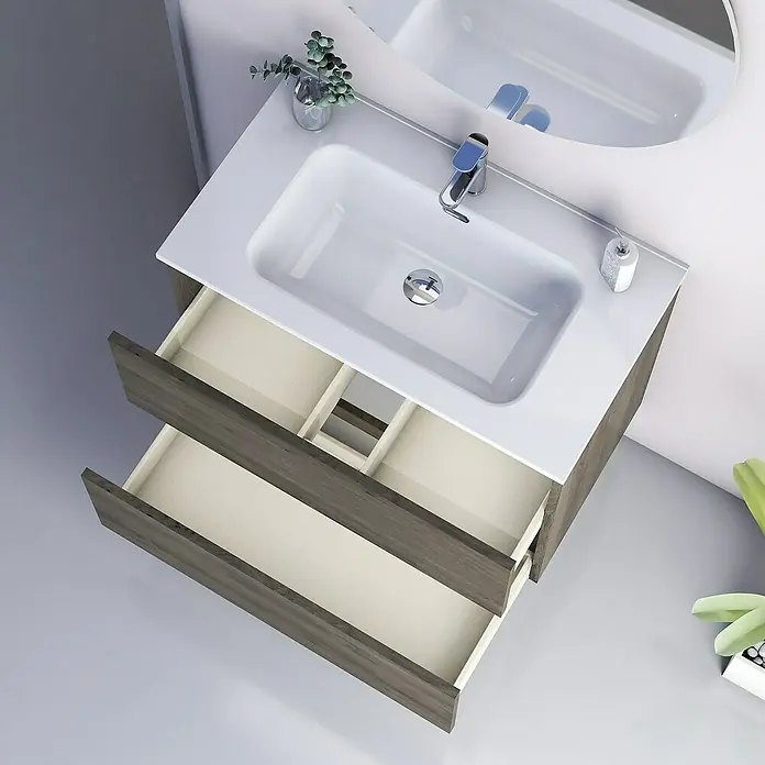 Artysan Conjunto de mueble de baño Kira - Ancho: 80 cm, Sepia, 3 pzs. - Imagen de un moderno mueble de baño con cajones abiertos, lavabo sobre encimera blanco y grifo.