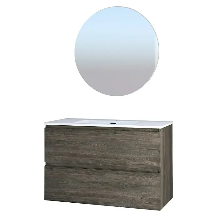 Artysan Conjunto de mueble de baño Kira - Ancho: 100 cm, Sepia, 3 pzs. - Moderno conjunto de baño con mueble bajo lavabo en madera y espejo redondo. Un diseño atemporal para un baño elegante.