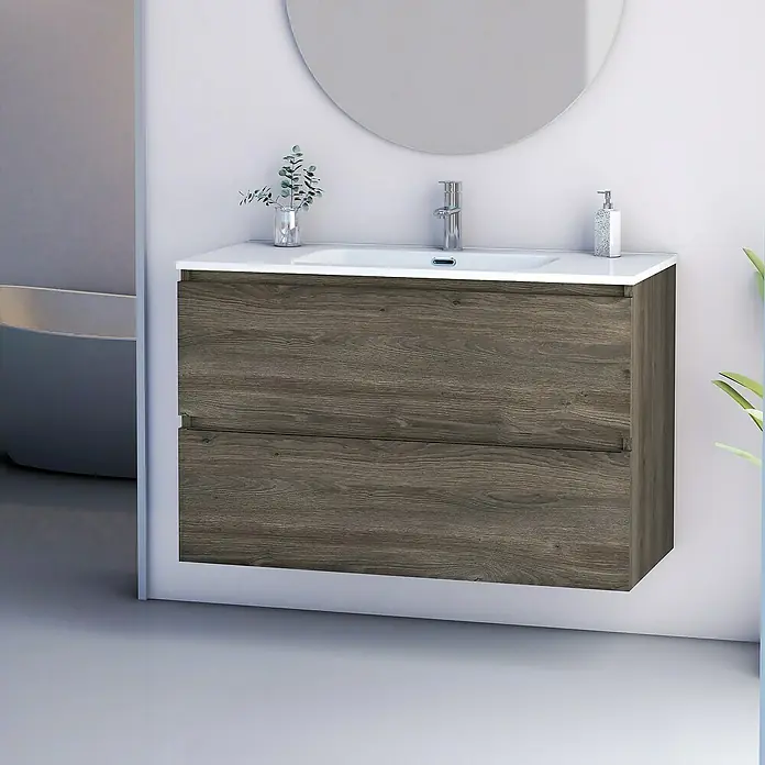 Artysan Conjunto de mueble de baño Kira - Ancho: 100 cm, Sepia, 3 pzs. - Elegante mueble de baño con aspecto de madera, lavabo blanco y espejo redondo para un diseño moderno.