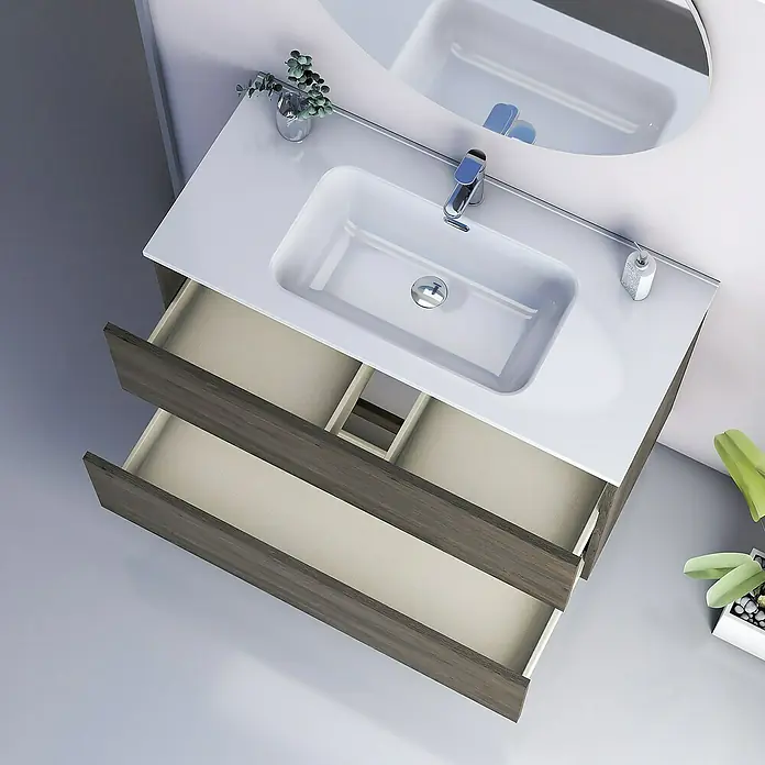 Artysan Conjunto de mueble de baño Kira - Ancho: 100 cm, Sepia, 3 pzs. - Moderno mueble de baño con dos cajones con efecto madera y un lavabo sobre encimera blanco. Diseño elegante para su baño.