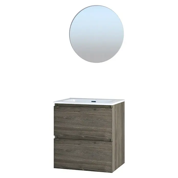 Artysan Conjunto de mueble de baño Kira - Ancho: 60 cm, Sepia, 3 pzs. - Juego de muebles de baño con mueble de lavabo con aspecto de madera y espejo redondo para un diseño moderno y elegante.