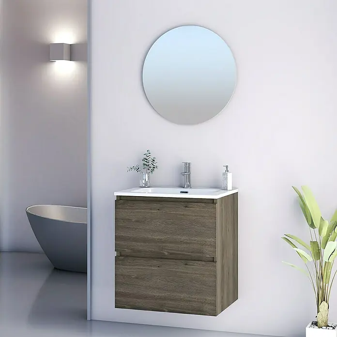 Artysan Conjunto de mueble de baño Kira - Ancho: 60 cm, Sepia, 3 pzs. - Baño moderno con mueble de lavabo de madera, espejo redondo y planta verde.