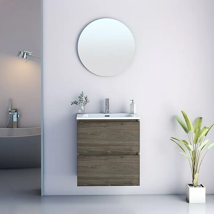 Artysan Conjunto de mueble de baño Kira - Ancho: 60 cm, Sepia, 3 pzs. - Esta imagen muestra un moderno mueble de baño con un elegante lavabo, espejo y grifo elegante, realzado por una decoración de buen gusto.