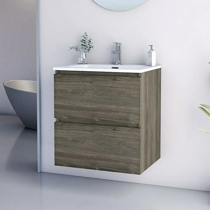 Artysan Conjunto de mueble de baño Kira - Ancho: 60 cm, Sepia, 3 pzs. - Mueble de baño: Moderno mueble de lavabo con dos cajones con aspecto de madera y lavabo sobre encimera blanco, ideal para baños elegantes.