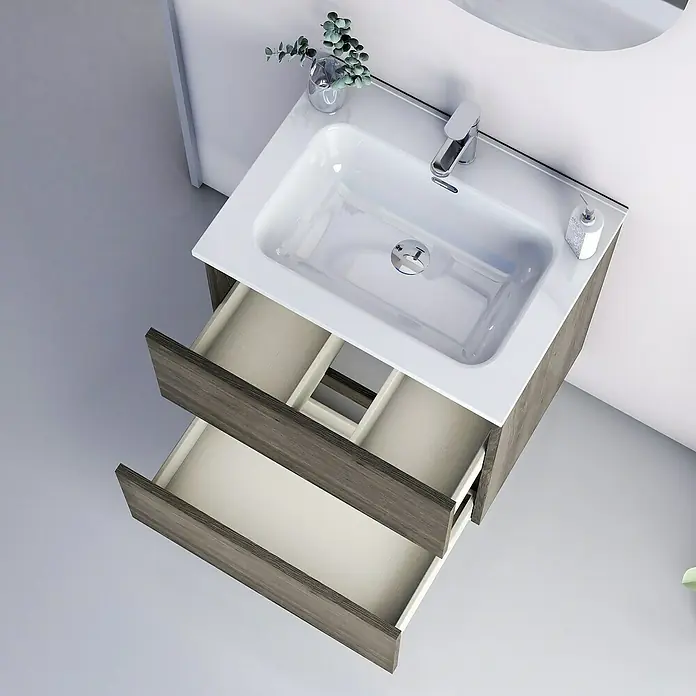 Artysan Conjunto de mueble de baño Kira - Ancho: 60 cm, Sepia, 3 pzs. - Lavabo de baño moderno con tocador abierto y cajones. El tocador es blanco y tiene aspecto de madera.