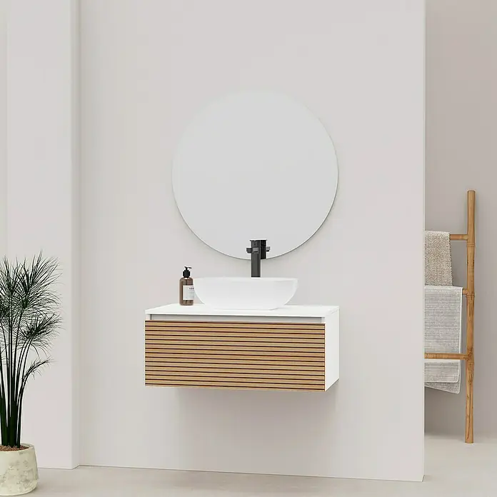 Artysan Conjunto de mueble de baño Osaka Top 1C - Ancho: 80 cm, Blanco/Nogal, 3 pzs. - La imagen muestra un moderno lavabo de baño con mueble, un espejo redondo y una planta de interior decorativa.