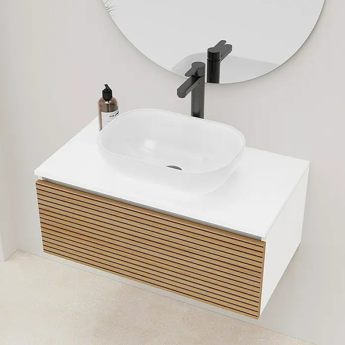 Artysan Conjunto de mueble de baño Osaka Top 1C - Ancho: 80 cm, Blanco/Nogal, 3 pzs. - Elegante lavabo de baño con grifo moderno y diseño de madera para un toque de lujo.