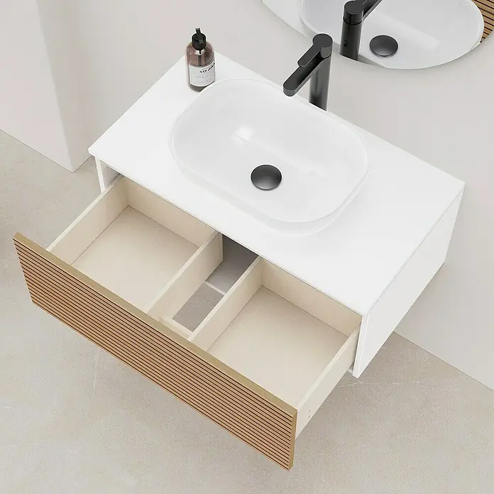 Artysan Conjunto de mueble de baño Osaka Top 1C - Ancho: 80 cm, Blanco/Nogal, 3 pzs. - Mueble de baño moderno con cajón abierto y lavabo sobre encimera, perfecto para un diseño de baño elegante.