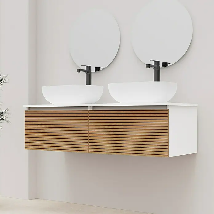 Artysan Conjunto de mueble de baño Osaka Top 1C - Blanco/Nogal, 5 pzs. - Elegante mueble de lavabo con dos lavabos sobre encimera y espejos redondos, un complemento elegante para cualquier baño moderno.