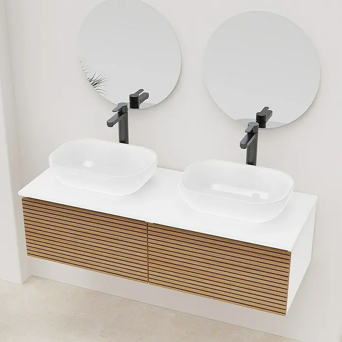 Artysan Conjunto de mueble de baño Osaka Top 1C - Blanco/Nogal, 5 pzs. - Elegante lavabo doble con mueble bajo con aspecto de madera y espejos redondos para un diseño de baño moderno.