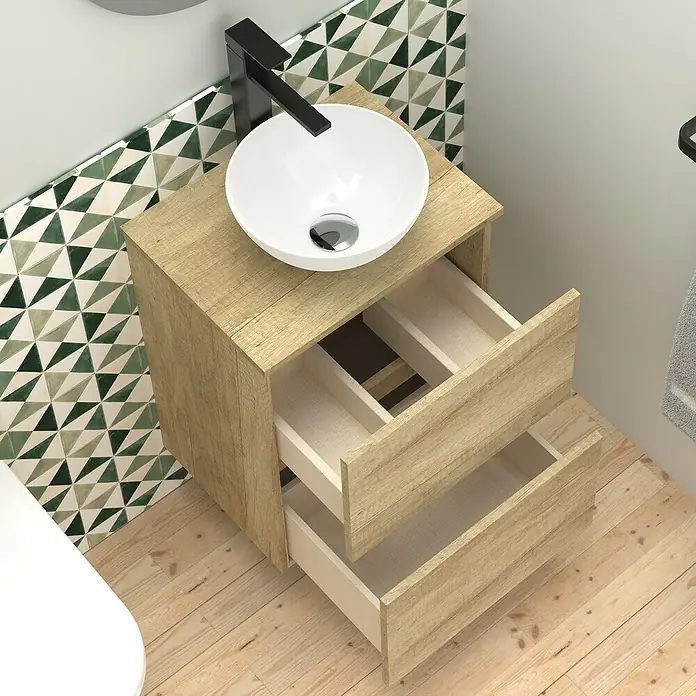 Artysan Conjunto de mueble de baño Nuca - Ancho: 45 cm, Nature, 3 pzs. - Moderno mueble de baño con aspecto de madera con dos cajones abiertos y lavabo sobre encimera, perfecto para añadir estilo al baño.