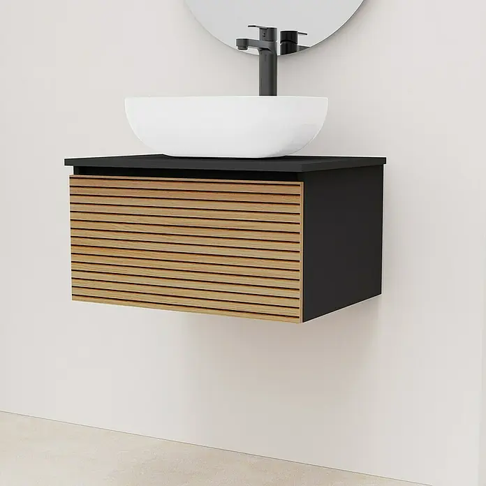 Artysan Conjunto de mueble de baño Osaka Top 1C - Ancho: 60 cm, Negro/Nogal, 3 pzs. - Un tocador flotante en negro con frente de cajón con listones de madera y un lavabo sobre encimera redondo blanco en la parte superior para un baño moderno.