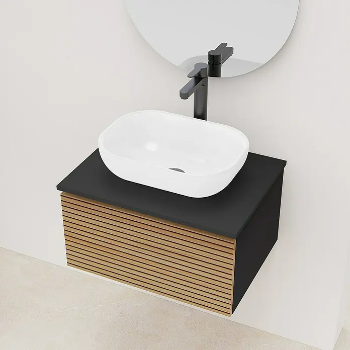 Artysan Conjunto de mueble de baño Osaka Top 1C - Ancho: 60 cm, Negro/Nogal, 3 pzs. - Elegante lavabo de baño con mueble bajo con aspecto de madera y grifo moderno delante de un espejo redondo.
