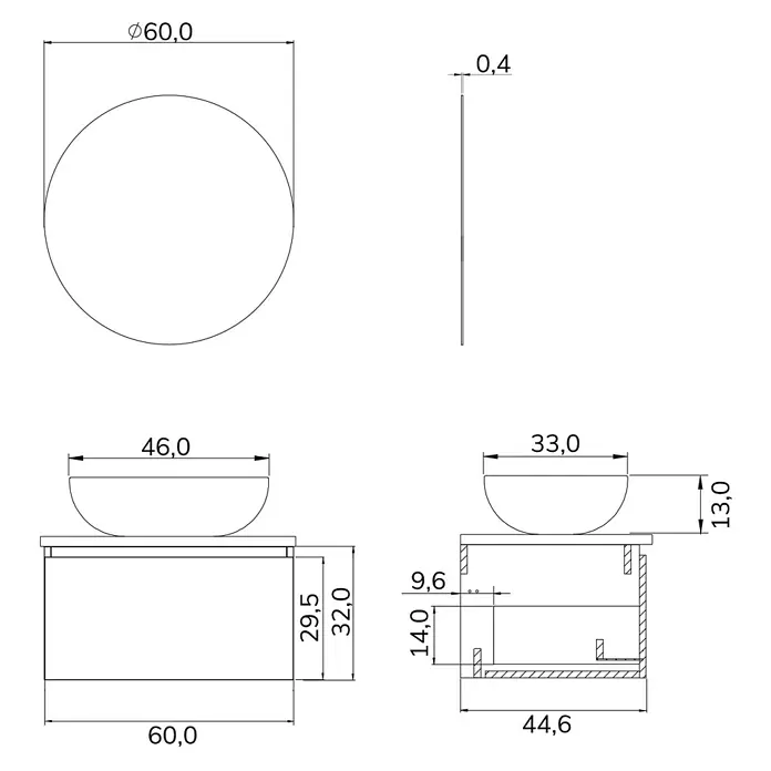 Artysan Conjunto de mueble de baño Osaka Top 1C - Ancho: 60 cm, Negro/Nogal, 3 pzs. - Dibujo técnico de un espejo de baño con mueble bajo lavabo y dimensiones.