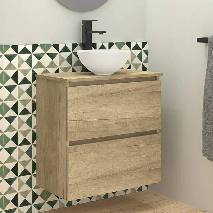Artysan Conjunto de mueble de baño Nuca - Ancho: 60 cm, Nature, 3 pzs. - Baño moderno con mueble bajo lavabo efecto madera, lavabo sobre encimera y grifo negro elegante. Diseño con estilo para tu baño.