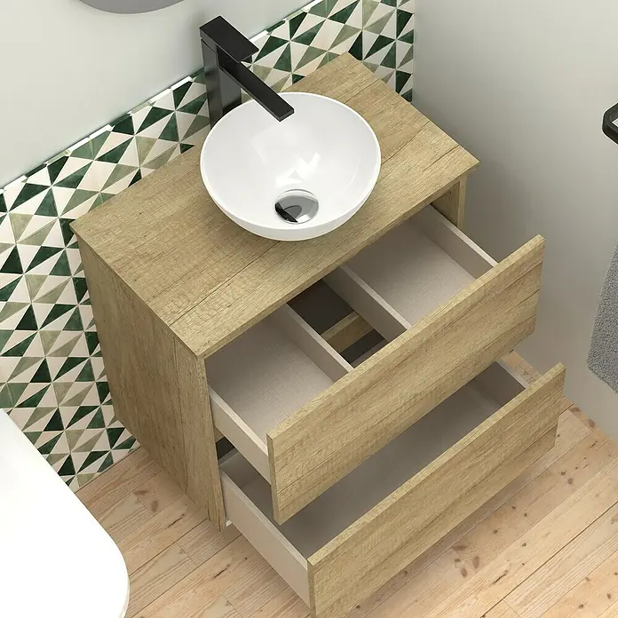 Artysan Conjunto de mueble de baño Nuca - Ancho: 60 cm, Nature, 3 pzs. - Mueble de baño con lavabo y sistema de cajones abiertos, diseño de baño elegante y que ahorra espacio.