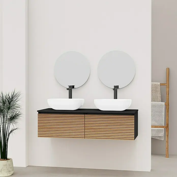 Artysan Conjunto de mueble de baño Osaka Top 1C - Negro/Nogal, 5 pzs. - Diseño moderno de baño con un elegante mueble de lavabo doble y espejos redondos.