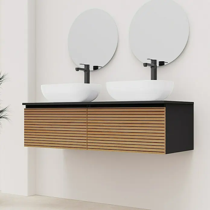 Artysan Conjunto de mueble de baño Osaka Top 1C - Negro/Nogal, 5 pzs. - Un moderno tocador de baño con dos lavabos, espejos redondos y un gabinete de madera con listones horizontales.
