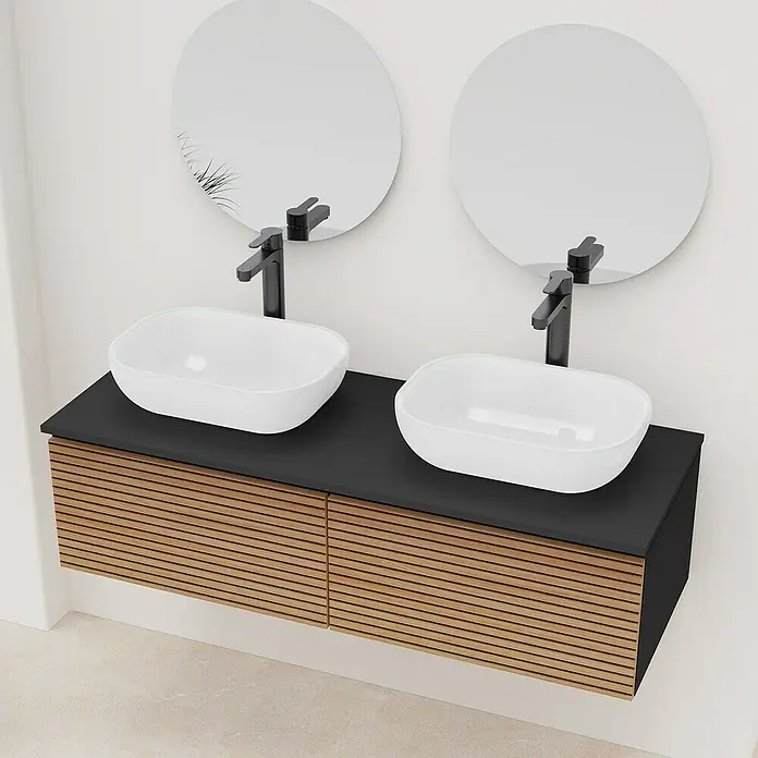 Artysan Conjunto de mueble de baño Osaka Top 1C - Negro/Nogal, 5 pzs. - Moderno conjunto de tocador de baño con dos espejos redondos, lavabos sobre encimera y mueble con aspecto de madera. Elegante mueble de baño.