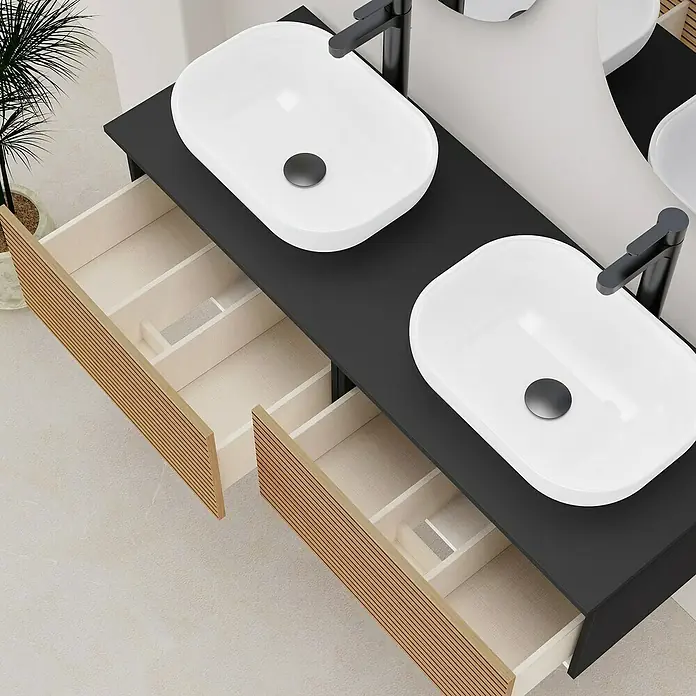 Artysan Conjunto de mueble de baño Osaka Top 1C - Negro/Nogal, 5 pzs. - Mueble de lavabo doble con sistema de cajones abiertos y grifo moderno. Diseño de baño elegante para un interior con estilo.
