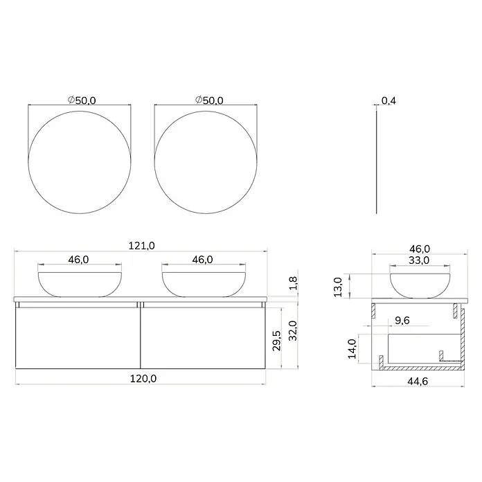 Artysan Conjunto de mueble de baño Osaka Top 1C - Negro/Nogal, 5 pzs. - Dibujo esquemático de un mueble de lavabo con dos lavabos y espejos, incluidas todas las dimensiones.