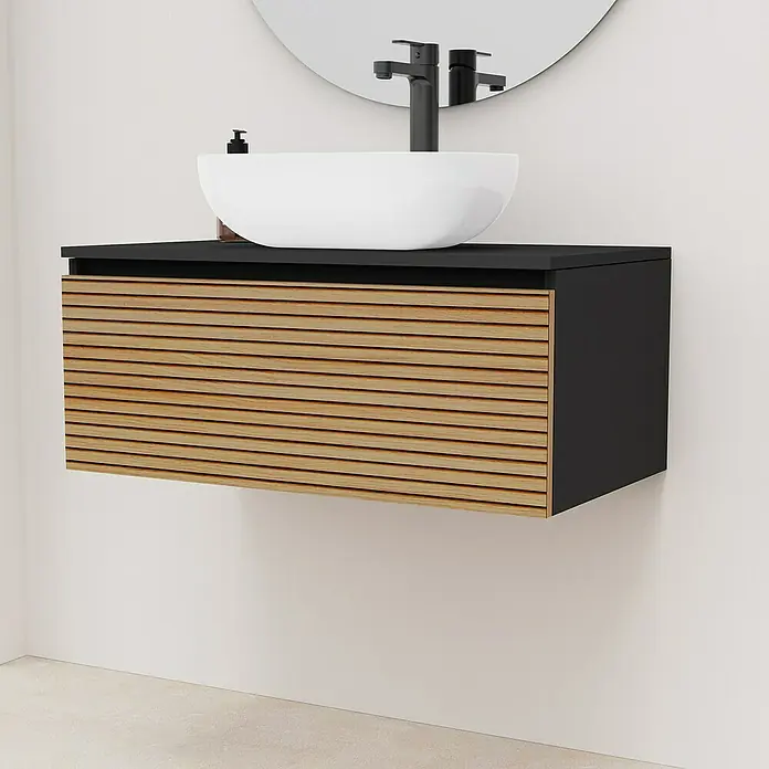 Artysan Conjunto de mueble de baño Osaka Top 1C - Ancho: 80 cm, Negro/Nogal, 3 pzs. - Lavabo de baño moderno con mueble de lavabo con aspecto de madera y encimera negra. Diseño elegante para un ambiente de baño elegante.