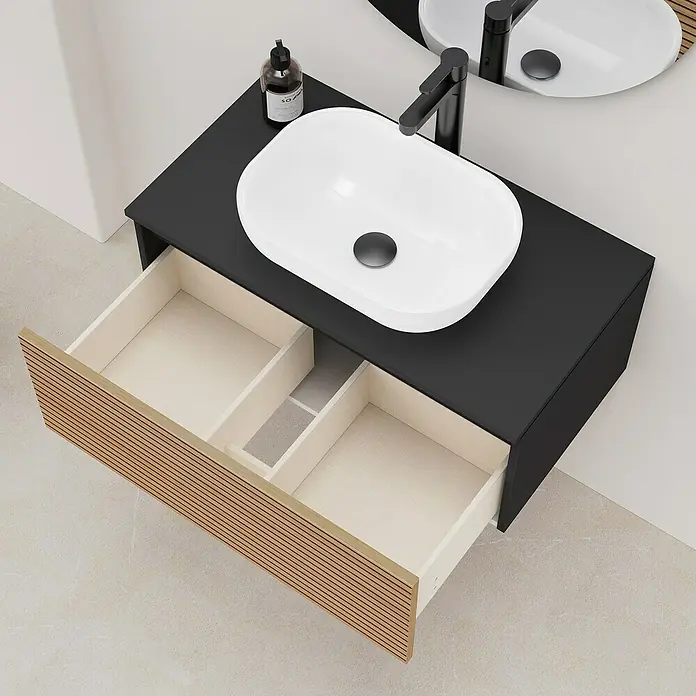 Artysan Conjunto de mueble de baño Osaka Top 1C - Ancho: 80 cm, Negro/Nogal, 3 pzs. - Lavabo moderno con encimera negra y cajón de madera. Diseño elegante para cualquier baño.