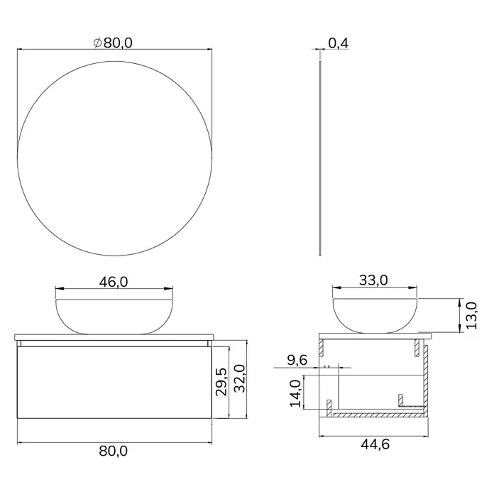 Artysan Conjunto de mueble de baño Osaka Top 1C - Ancho: 80 cm, Negro/Nogal, 3 pzs. - Boceto de un conjunto de muebles de baño con espejo redondo, lavabo sobre encimera y mueble bajo con dimensiones exactas.