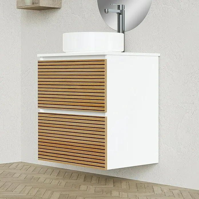 Artysan Conjunto de mueble de baño Osaka Top - Ancho: 60 cm, Blanco/Nogal, 3 pzs. - Mueble de lavabo con superficie blanca y cajones efecto madera, un mueble de baño elegante con diseño moderno.