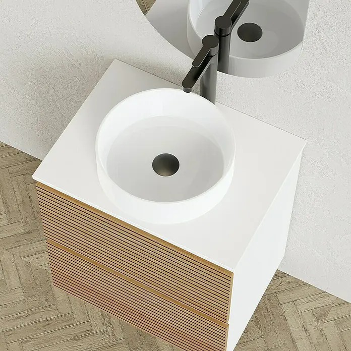 Artysan Conjunto de mueble de baño Osaka Top - Ancho: 60 cm, Blanco/Nogal, 3 pzs. - Tocador de baño con lavabo moderno y redondo y mueble de listones de madera. Un diseño elegante perfecto para baños contemporáneos.