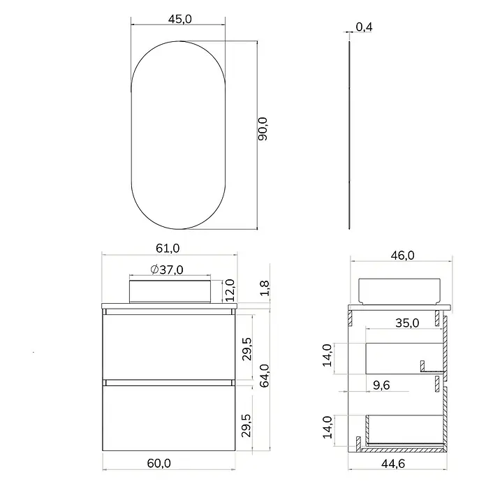 Artysan Conjunto de mueble de baño Osaka Top - Ancho: 60 cm, Negro/Nogal, 3 pzs. - Un dibujo técnico de un mueble de baño con las medidas asociadas, para una vista detallada del producto.