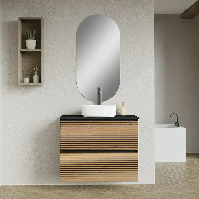 Artysan Conjunto de mueble de baño Osaka Top - Ancho: 80 cm, Negro/Nogal, 3 pzs. - Un moderno tocador de baño con frentes de madera, un lavabo sobre encimera y un espejo ovalado para un diseño elegante.