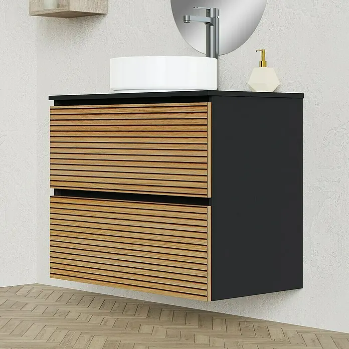Artysan Conjunto de mueble de baño Osaka Top - Ancho: 80 cm, Negro/Nogal, 3 pzs. - Elegante mueble de baño con frentes de madera y estructura negra para un baño moderno.