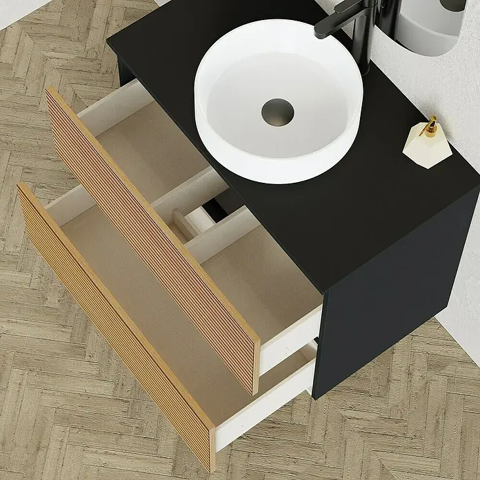 Artysan Conjunto de mueble de baño Osaka Top - Ancho: 80 cm, Negro/Nogal, 3 pzs. - Mueble de lavabo negro moderno con elegante lavabo sobre encimera y cajones abiertos con aspecto de madera.
