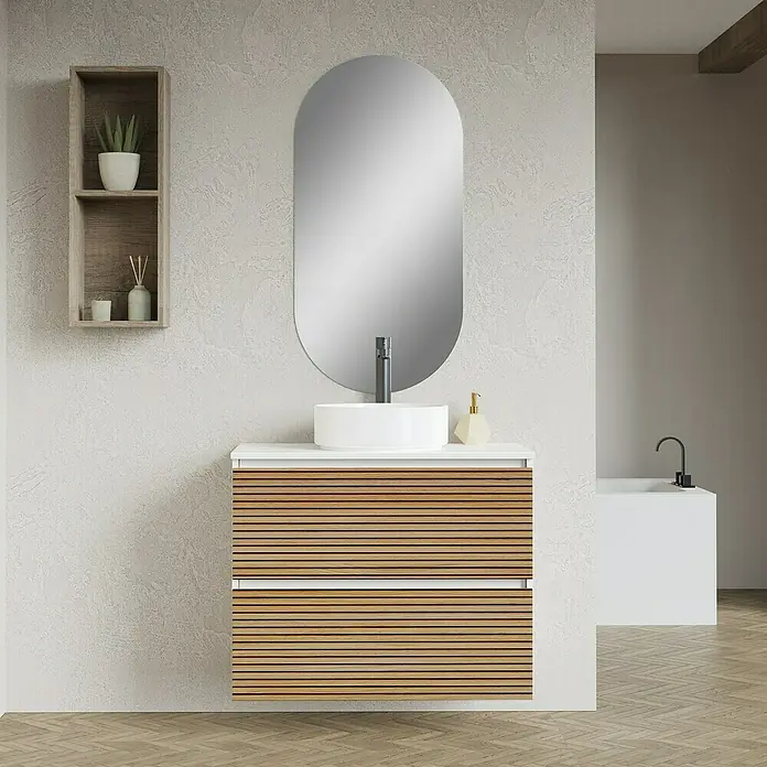 Artysan Conjunto de mueble de baño Osaka Top - Ancho: 80 cm, Blanco/Nogal, 3 pzs. - Baño con mueble de baño con aspecto de madera, lavabo sobre encimera y espejo ovalado. La combinación perfecta de muebles de baño para baños modernos.