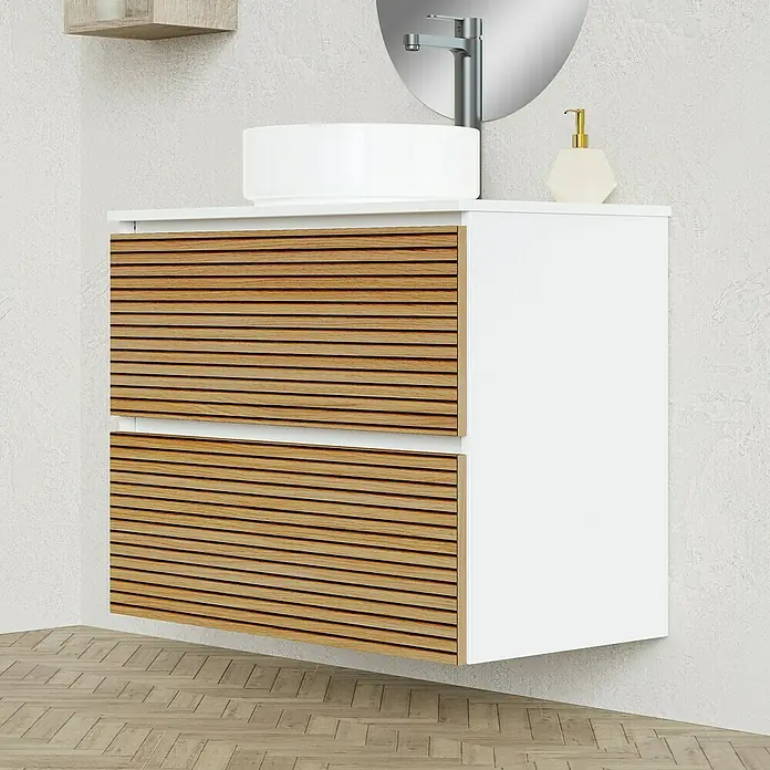 Artysan Conjunto de mueble de baño Osaka Top - Ancho: 80 cm, Blanco/Nogal, 3 pzs. - Un moderno mueble de baño con frente de madera y mueble blanco bajo un espejo redondo.