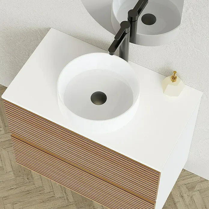 Artysan Conjunto de mueble de baño Osaka Top - Ancho: 80 cm, Blanco/Nogal, 3 pzs. - Un moderno mueble de baño con lavabo sobre encimera y diseño de madera acanalada añade un toque elegante al baño.