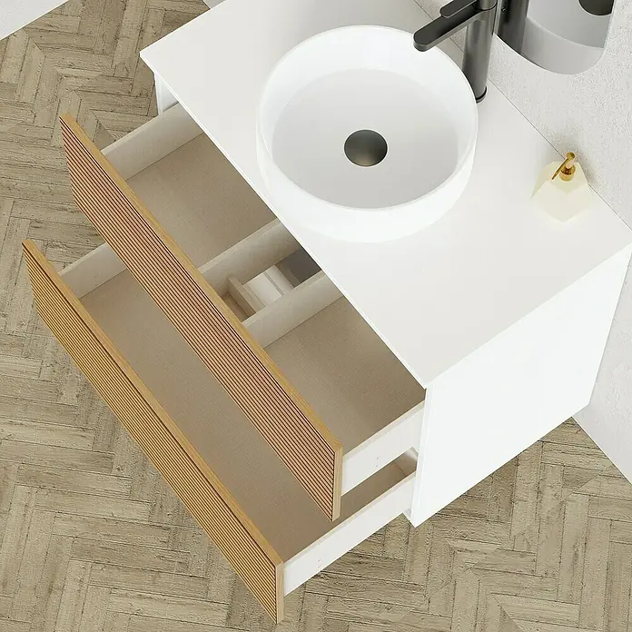 Artysan Conjunto de mueble de baño Osaka Top - Ancho: 80 cm, Blanco/Nogal, 3 pzs. - Mueble de baño luminoso con lavabo y cajones abiertos. El lavabo es redondo y blanco.