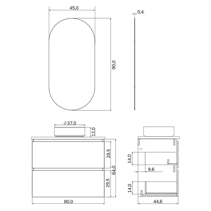 Artysan Conjunto de mueble de baño Osaka Top - Ancho: 80 cm, Blanco/Nogal, 3 pzs. - Un dibujo técnico de un mueble de baño con lavabo y un espejo oblongo, mostrando las dimensiones del producto.