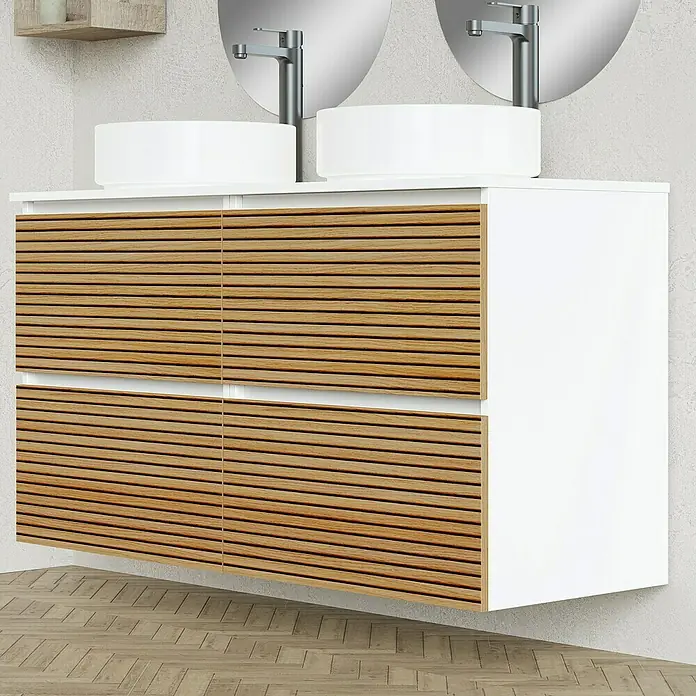 Artysan Conjunto de mueble de baño Osaka Top - Blanco/Nogal, 5 pzs. - Lavabo de baño moderno con frentes de madera y dos lavabos sobre encimera redondos.