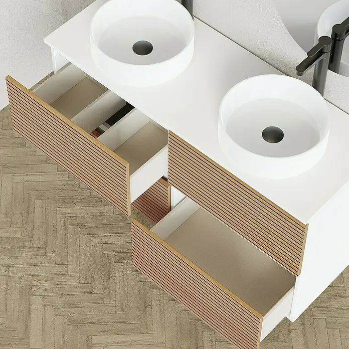 Artysan Conjunto de mueble de baño Osaka Top - Blanco/Nogal, 5 pzs. - Tocador doble con cajones de madera modernos y lavabos sobre encimera blancos para un baño elegante.