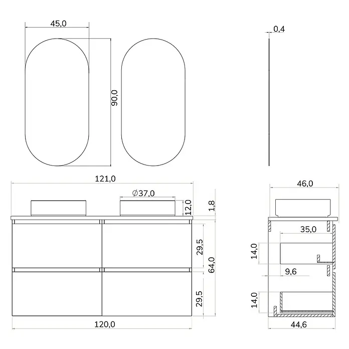 Artysan Conjunto de mueble de baño Osaka Top - Blanco/Nogal, 5 pzs. - Dibujo técnico de un mueble de baño con lavabo y espejo, incluyendo todas las dimensiones para la planificación.