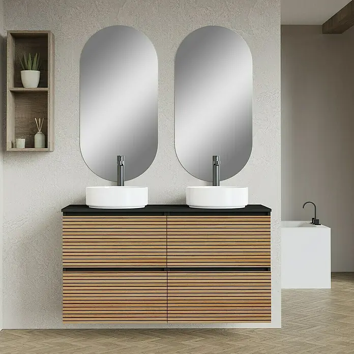 Artysan Conjunto de mueble de baño Osaka Top - Negro/Nogal, 5 pzs. - Interior moderno de baño con doble lavabo, mueble de madera y espejos ovalados para un ambiente elegante.