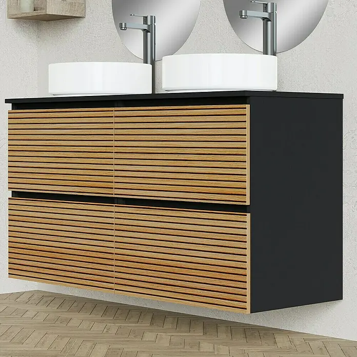 Artysan Conjunto de mueble de baño Osaka Top - Negro/Nogal, 5 pzs. - Mueble de baño con lavabos: Moderno tocador con frentes de madera y detalles en negro, espejos redondos a juego y lavabos sobre encimera.